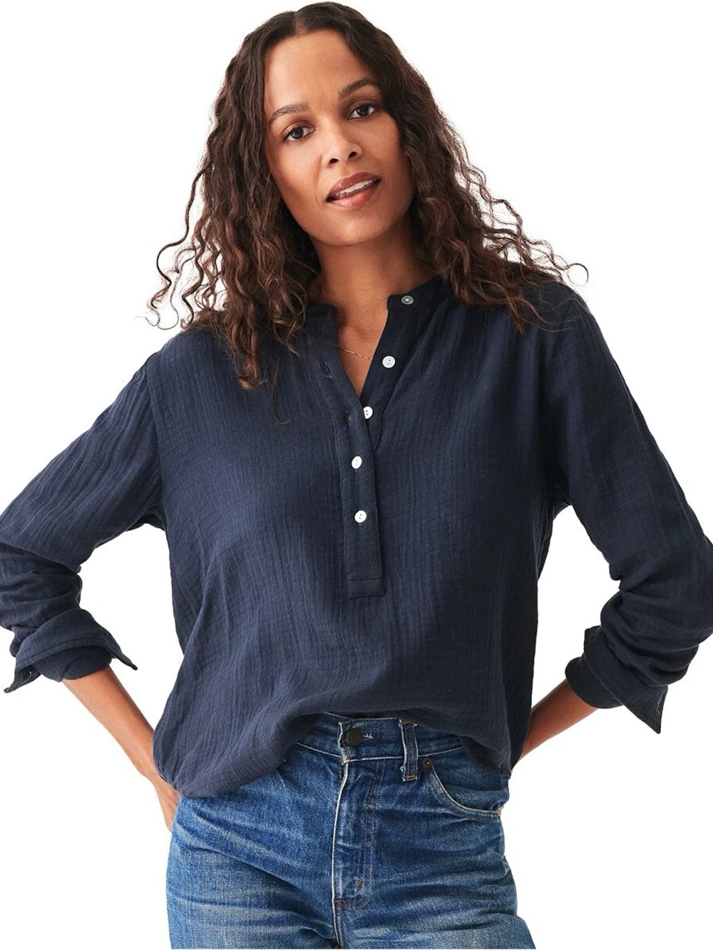 Faherty Dream Cotton Gauze Henley Top Dark Navy Blue Size Small
